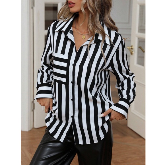 Black and White Button Up Shirt Striped with Pocket - Picture 6 of 7